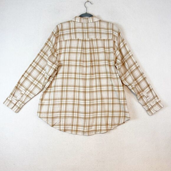 Old Navy The Classic Shirt Womens 2X Button Up Tan Plaid Fall Picnic Country - Picture 2 of 5